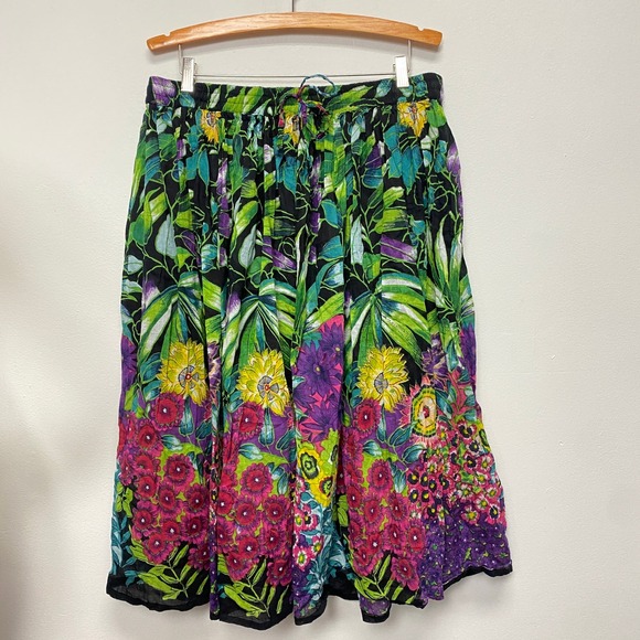Take Two PXL Floral Midi Skirt Elastic Waist Lightweight Colorful Tropical Boho - Picture 1 of 10